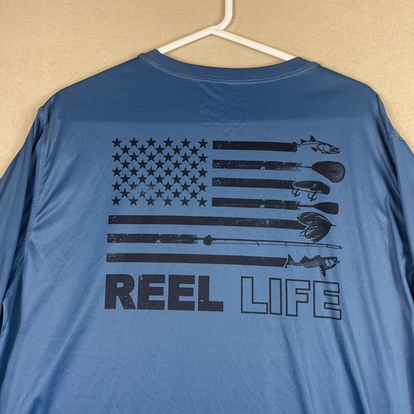 Reel‎ Life Mens XL Long Sleeve Performance Fishing Shirt Blue Crew Neck Logo - Picture 10 of 12